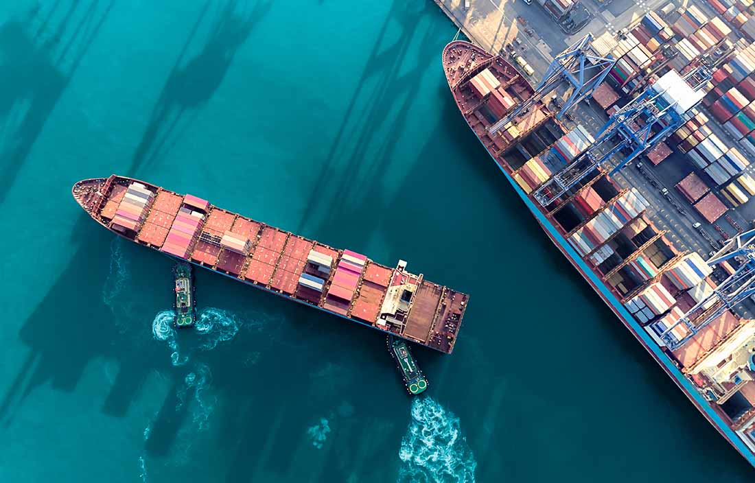 View of cargo and shipping ships at sea