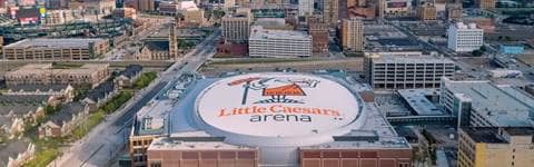 Aerial view of Little Caesars arena in Detroit, Michigan.