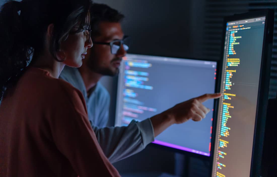 Technology professionals looking at their code on a computer.