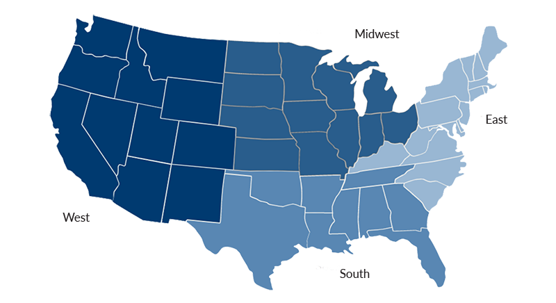 Map of the United States with the southern, eastern, western, and midwestern states called out in different colors to illustrate geographic diversification in a real estate portfolio.