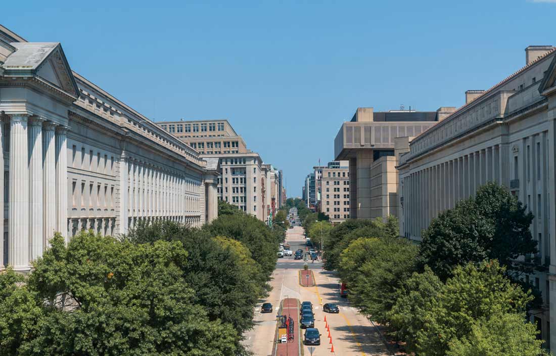 Washington D.C. buildings and street.
