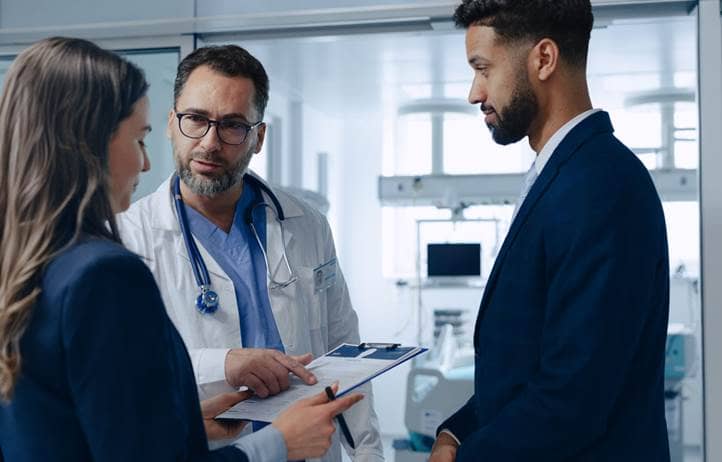 Medical professional speaking to two businesspeople.