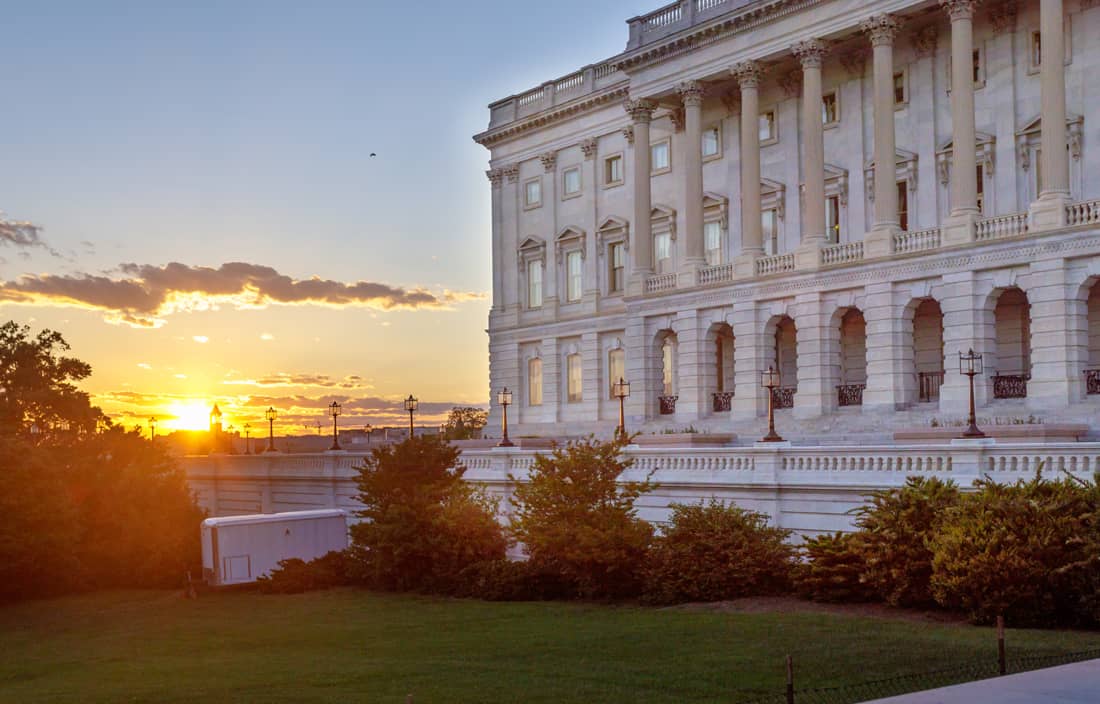 Government building at sunset.
