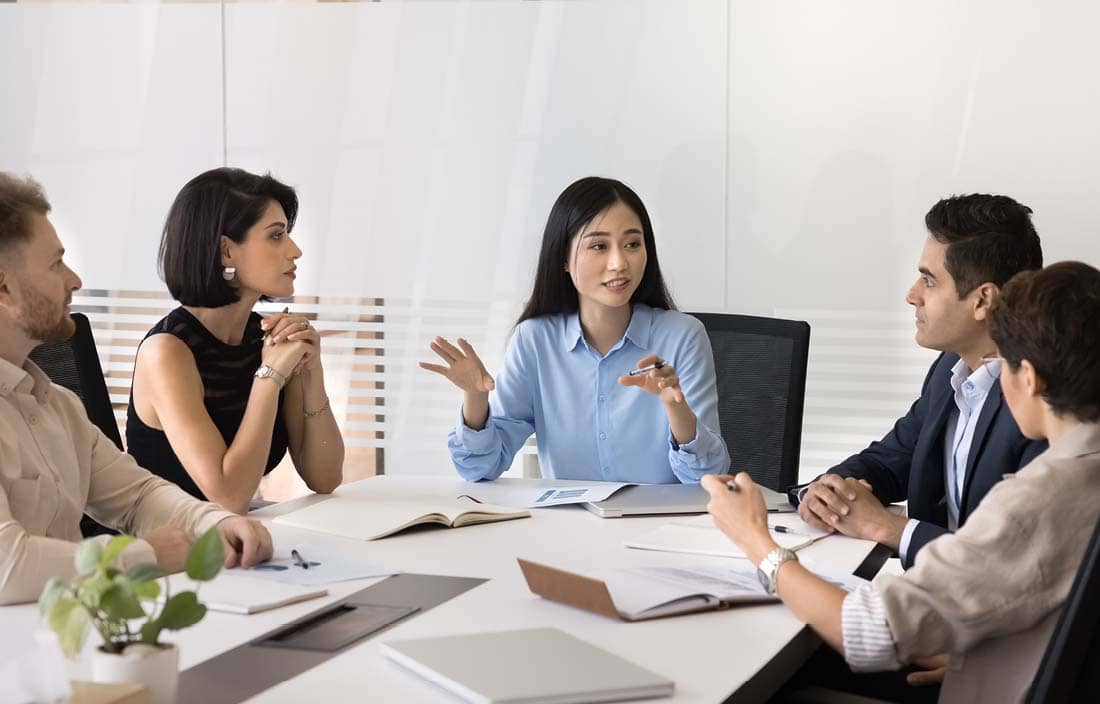 Group of business professionals in a meeting.