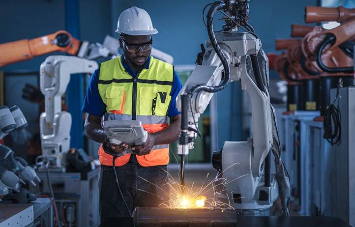 Manufacturer in a hi-vis vest working in a factory.