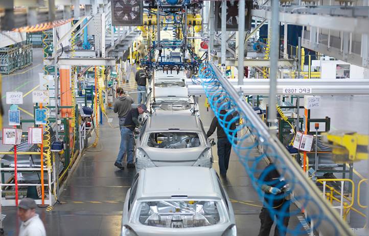 Assembly line at automotive factory.