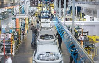 Assembly line at automotive factory.
