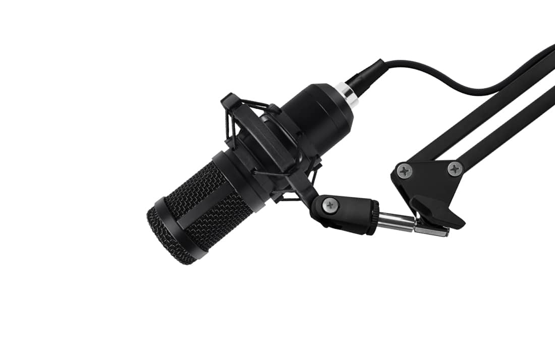 Microphone against a white background.