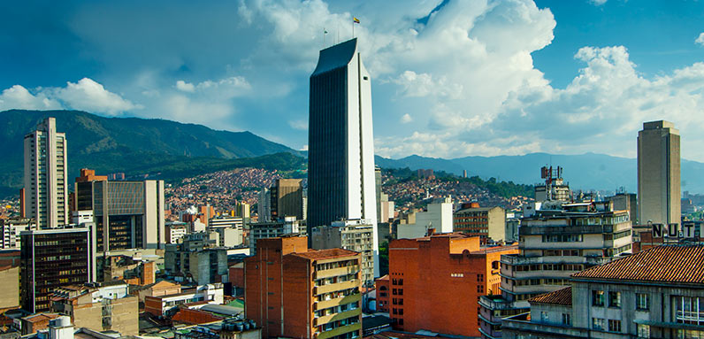 Buildings in Medellin, Colombia on a cloudy day.