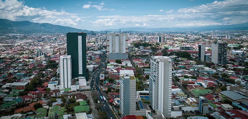 Aerial view of buildings in San Jose, Costa Rica.
