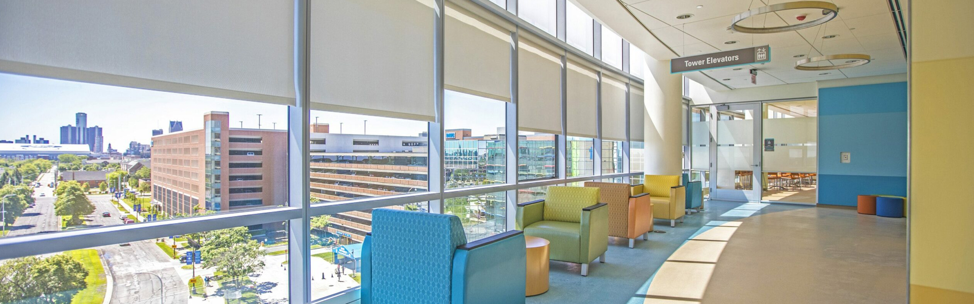 Interior hallway and sitting area of DMC Children's Hospital.