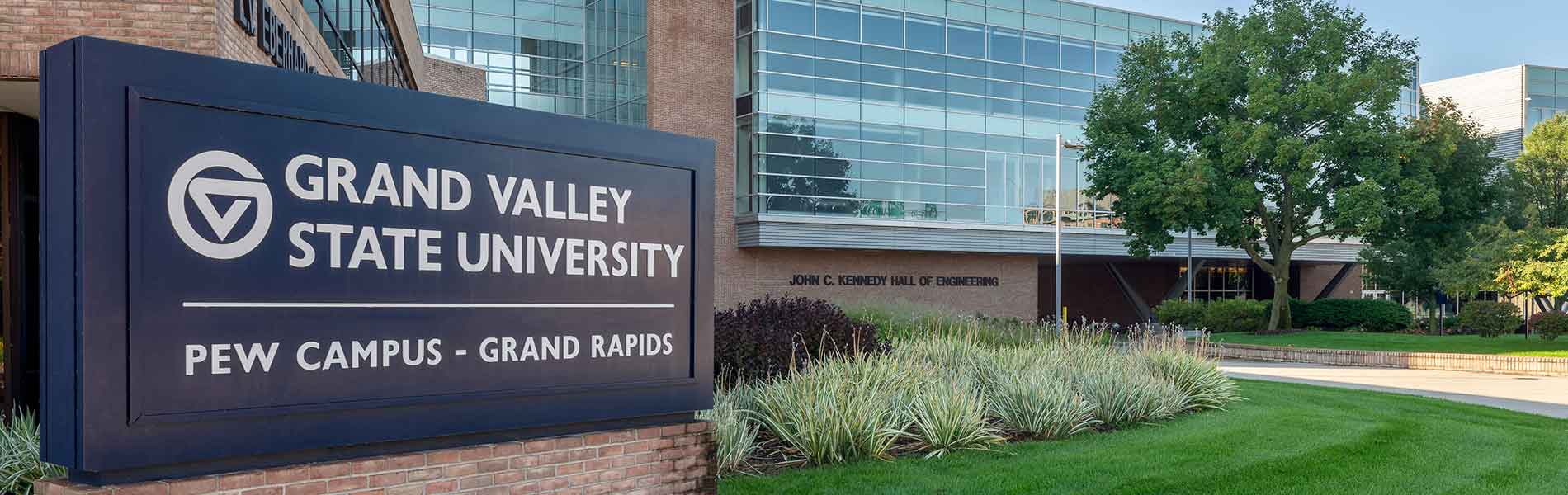 Grand Valley State University Pew Campus - Grand Rapids sign.