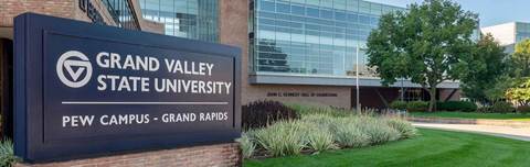 Grand Valley State University Pew Campus - Grand Rapids sign.